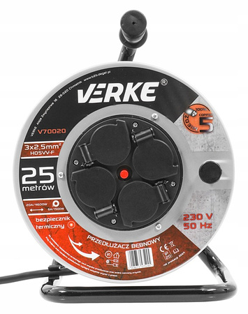 VERKE V70020 PRZEDŁUŻACZ ZWIJANY 3x2,5mm 25m 4 GNIAZDA