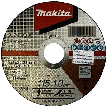 MAKITA E-03034 TARCZA TNĄCA DO METALU 115x1,0mm
