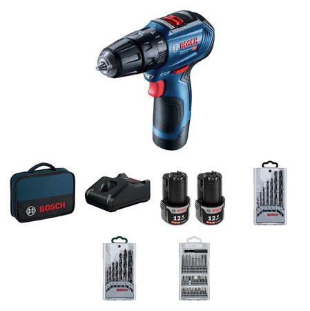 BOSCH GSB 12V-30 WKRĘTARKA 2x2Ah + OSPRZĘT 37 szt