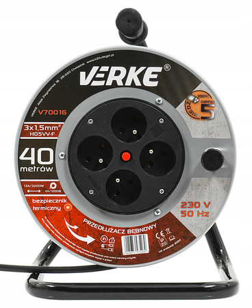 VERKE V70016 PRZEDŁUŻACZ ZWIJANY 3x1,5mm 40m 4 GNIAZDA