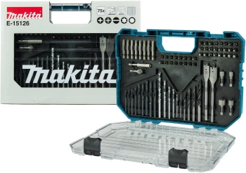 MAKITA E-15126 ZESTAW 75 SZT. KOŃCÓWEK 1/4" I WIERTEŁ DO DREWNA METALU I BETONU