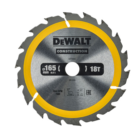 DeWALT DT1933 TARCZA DO DREWNA DO PILAREK RĘCZNYCH 165 x 20mm 18T