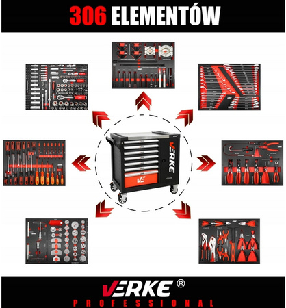 VERKE V33109 SZAFKA NARZĘDZIOWA 7 SZUFLAD+ 306 NARZĘDZI