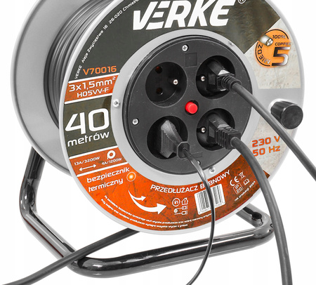 VERKE V70016 PRZEDŁUŻACZ ZWIJANY 3x1,5mm 40m 4 GNIAZDA