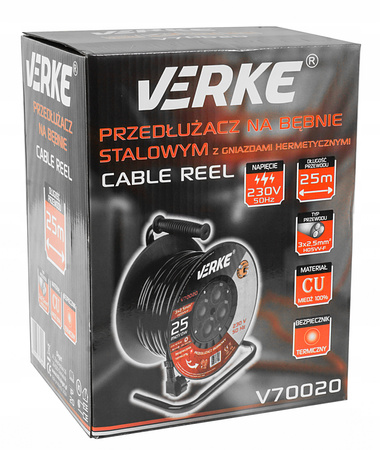 VERKE V70020 PRZEDŁUŻACZ ZWIJANY 3x2,5mm 25m 4 GNIAZDA