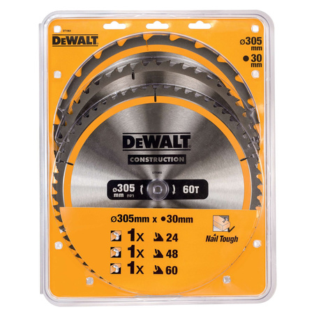 DEWALT DT1964 ZESTAW 3 TARCZ PILARSKICH CONSTRUCTION – 305 MM / 30 MM • 24/48/60 ZĘBÓW