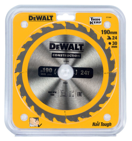 DeWALT DT1944 TARCZA DO DREWNA DO PILAREK RĘCZNYCH 190 x 30mm 24T