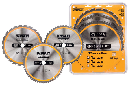 DEWALT DT1964 ZESTAW 3 TARCZ PILARSKICH CONSTRUCTION – 305 MM / 30 MM • 24/48/60 ZĘBÓW