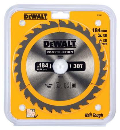 DeWALT DT1942 TARCZA DO DREWNA DO PILAREK RĘCZNYCH 184 x 30mm 30T