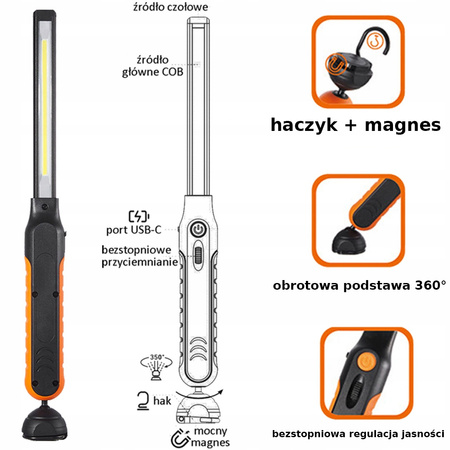 VERKE V87516 LATARKA AKUMULATOROWA WARSZTATOWA LED COB Z MAGNESEM (HAK USB)