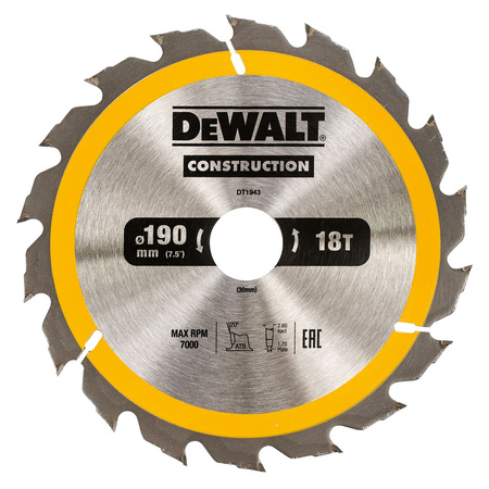 DeWALT DT1943 TARCZA DO DREWNA DO PILAREK RĘCZNYCH 190 x 30mm 18T