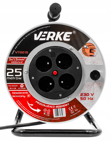 VERKE V70015 PRZEDŁUŻACZ ZWIJANY 3x1,5mm 25m 4 GNIAZDA