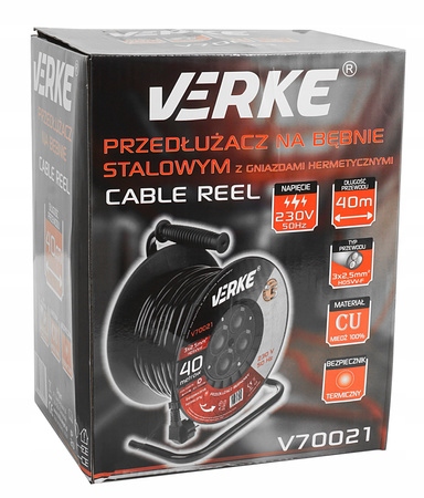 VERKE V70021 PRZEDŁUŻACZ ZWIJANY 3x2,5mm 40m 4 GNIAZDA