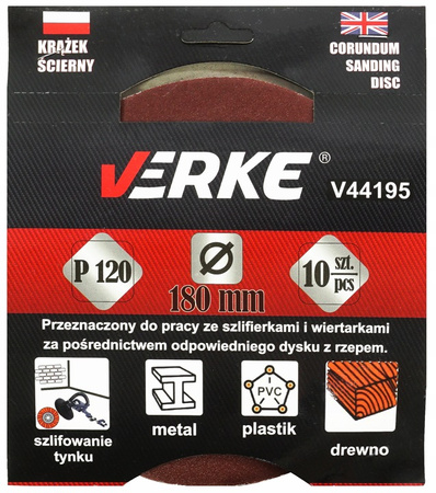 VERKE V44195 PAPIER ŚCIERNY ⌀180mm P120 - 10 szt