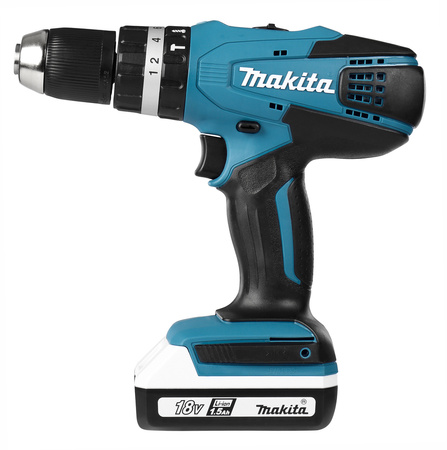 Makita hp457dwex4 wkrętarka 18v + 2x1,5ah + osprzęt - uszkodzona walizka!