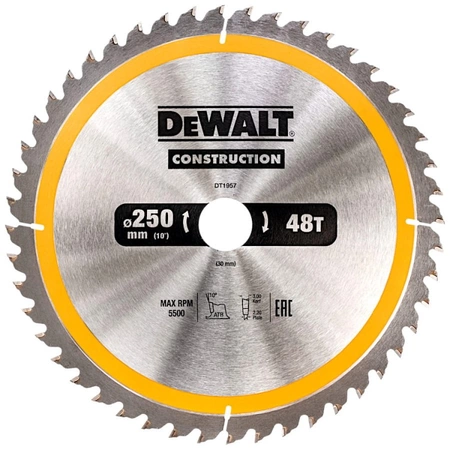 DEWALT DT1963 ZESTAW 3 TARCZ PILARSKICH CONSTRUCTION 250/30 MM DO DREWNA I DREWNA Z GWOŹDZIAMI