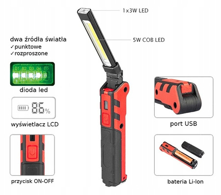 VERKE V87552 LAMPKA ROBOCZA COB 360 lm + 140 lm, 2000 mAh