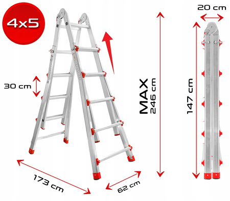 VERKE V87101 DRABINA WIELOFUNKCYJNA PRZEGUBOWA SKŁADANA ALUMINIOWA MOCNA 150KG 4x5