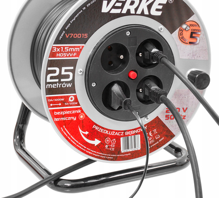 VERKE V70015 PRZEDŁUŻACZ ZWIJANY 3x1,5mm 25m 4 GNIAZDA