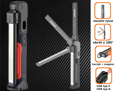 VERKE V87515 LAMPKA WARSZTATOWA ROBOCZA LED COB LATARKA AKUMULATOROWA Z MAGNESEM HAK USB