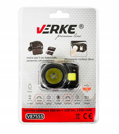 VERKE V87555 LATARKA CZOŁOWA 350 LM + 120 LM 1200mAh