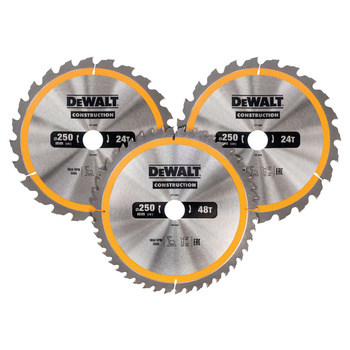 DEWALT DT1963 ZESTAW 3 TARCZ PILARSKICH CONSTRUCTION 250/30 MM DO DREWNA I DREWNA Z GWOŹDZIAMI
