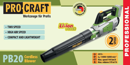 PROCRAFT PB20 AKUMULATOROWA DMUCHAWA 20V AKUMULATOR 4.0Ah ŁADOWARKA