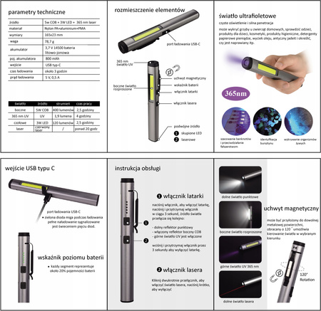 VERKE V87553 LATARKA AKUMULATOROWA LED 400lm + UV + LASER