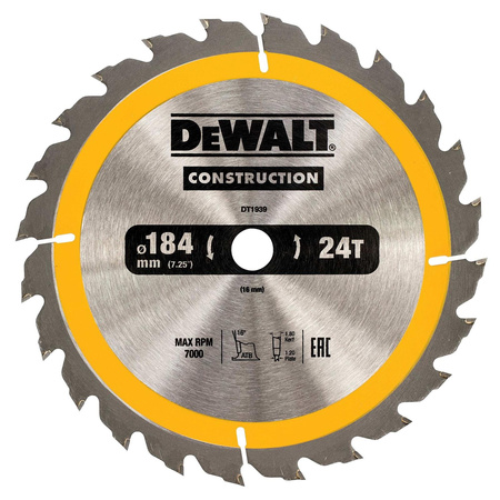 DeWALT DT1939 TARCZA / PIŁA DO DREWNA 184x16mm 24T