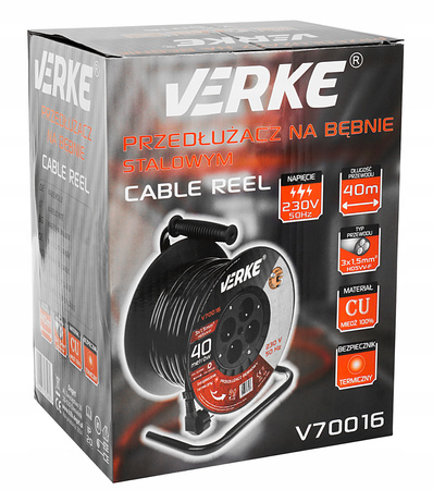 VERKE V70016 PRZEDŁUŻACZ ZWIJANY 3x1,5mm 40m 4 GNIAZDA