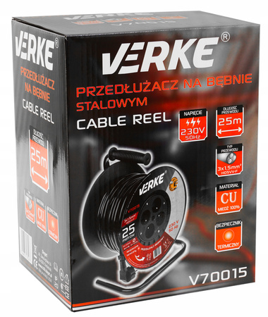 VERKE V70015 PRZEDŁUŻACZ ZWIJANY 3x1,5mm 25m 4 GNIAZDA
