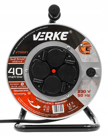 VERKE V70021 PRZEDŁUŻACZ ZWIJANY 3x2,5mm 40m 4 GNIAZDA