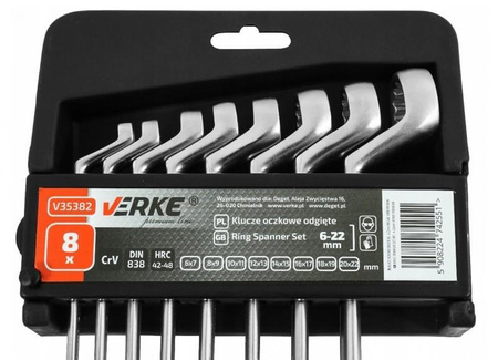 VERKE V35382 KLUCZE OCZKOWE ODGIĘTE 8 EL. 6-22mm WIESZAK