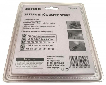 VERKE V39200 ZESTAW BITY KOŃCÓWKI TORX IMBUS PŁASKIE 36pc