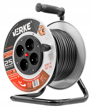 VERKE V70015 PRZEDŁUŻACZ ZWIJANY 3x1,5mm 25m 4 GNIAZDA